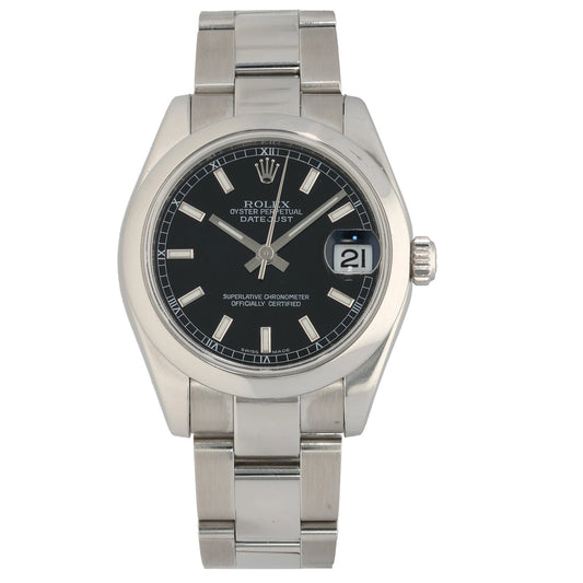 Rolex Datejust 178240 31mm, black dial with silver baton hour markers on stainless steel case and bracelet