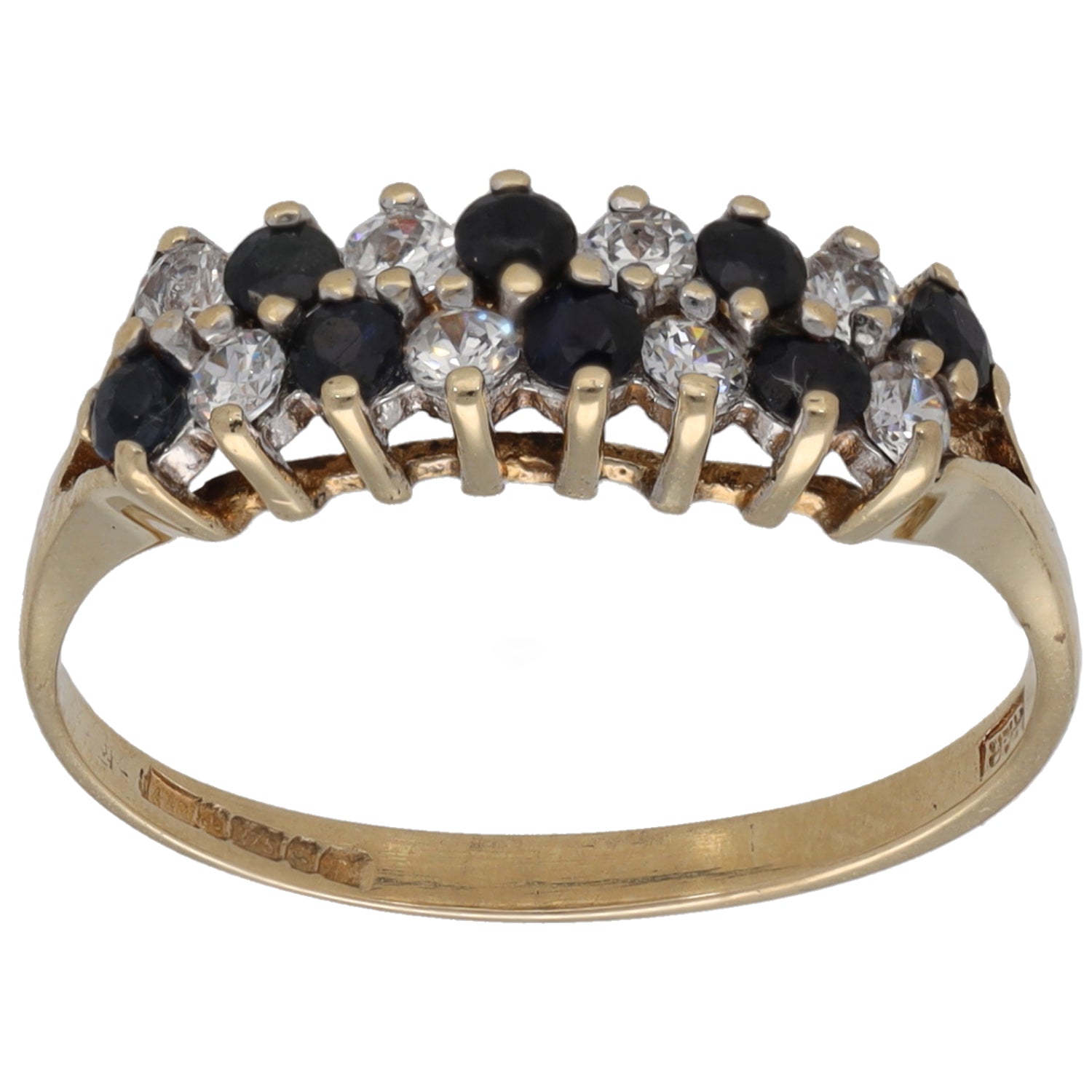 Gold cocktail ring with black and clear CZ stones across the top