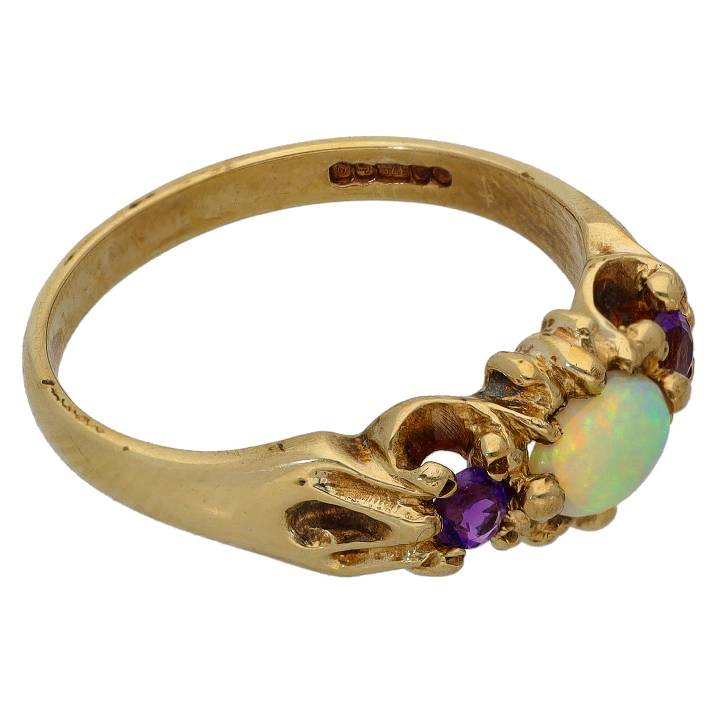 9ct Gold Opal & Amethyst Trilogy Ring Size N