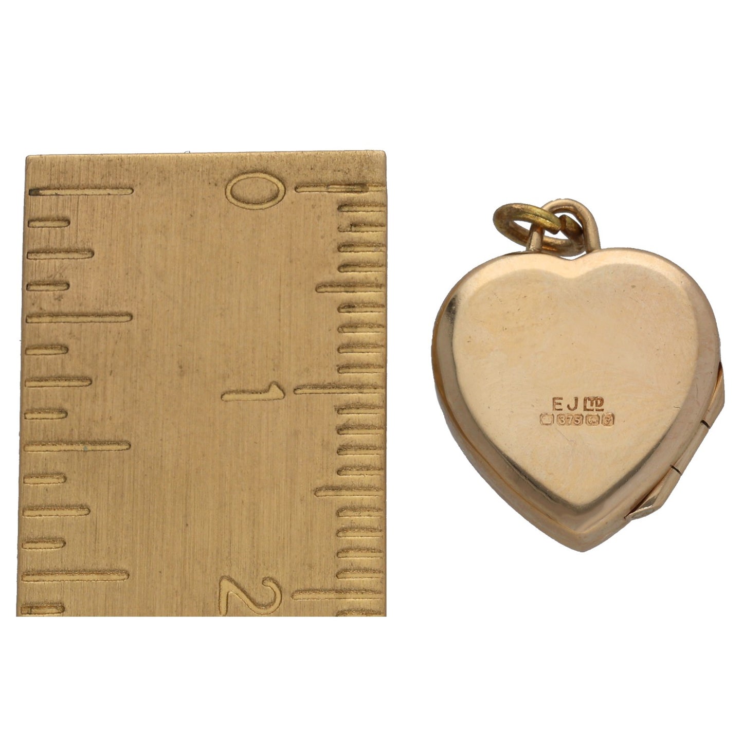 Gold heart locket pendant back with EJ trademark and bail loop
