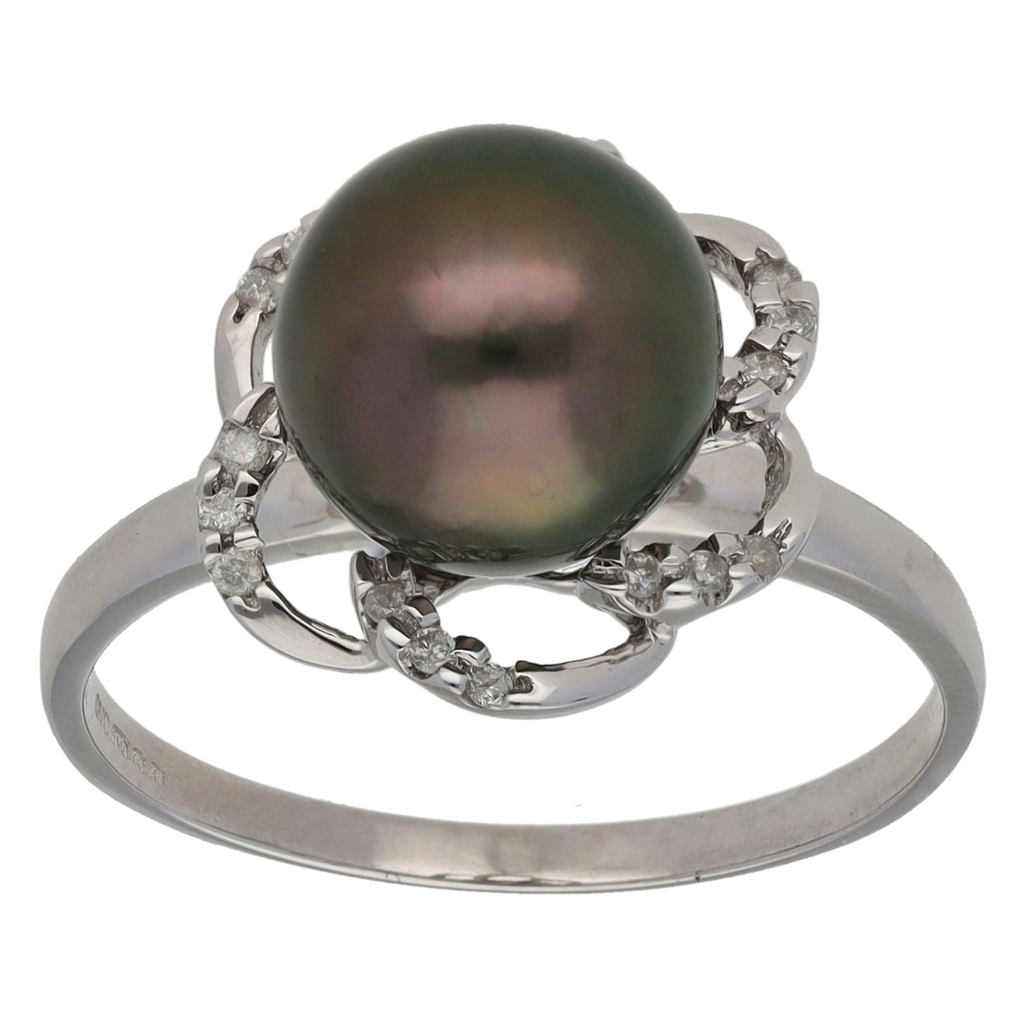 18ct White Gold Cultured Pearl & 0.09ct Diamond Dress/Cocktail Ring Size R