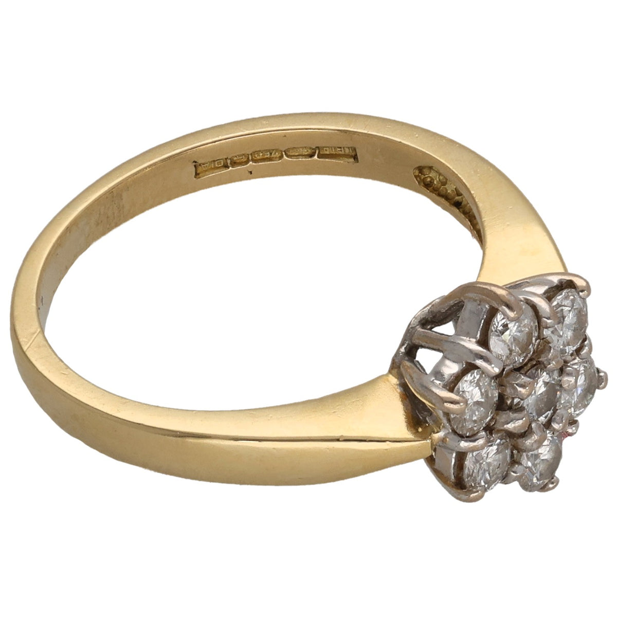 Yellow gold ring with round diamond cluster side view and prong setting