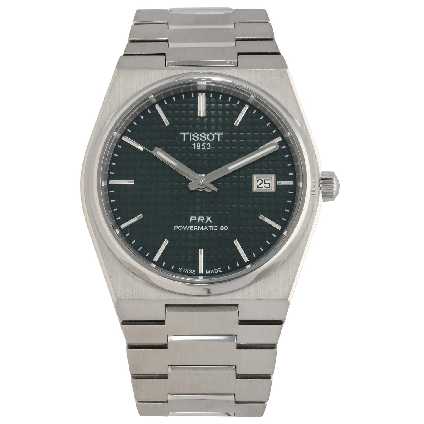 Tissot PRX T137407A, sleek stainless steel watch with a green dial