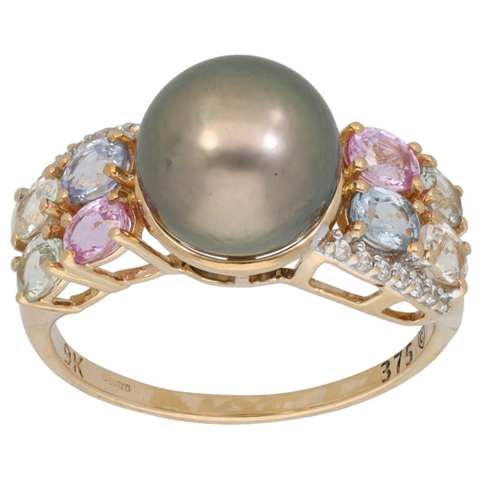 9ct Gold Cultured Pearl & Multi-Coloured Sapphire Dress/Cocktail Ring Size S