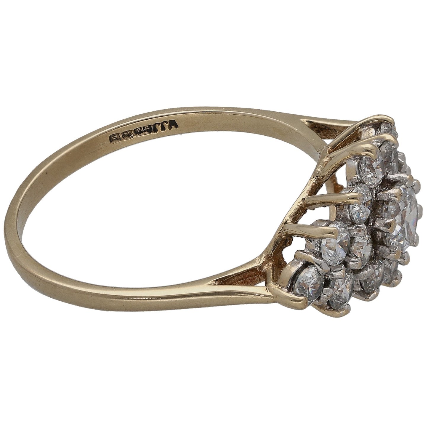 9ct gold ring with clustered clear CZ stones in prong-set oval setting