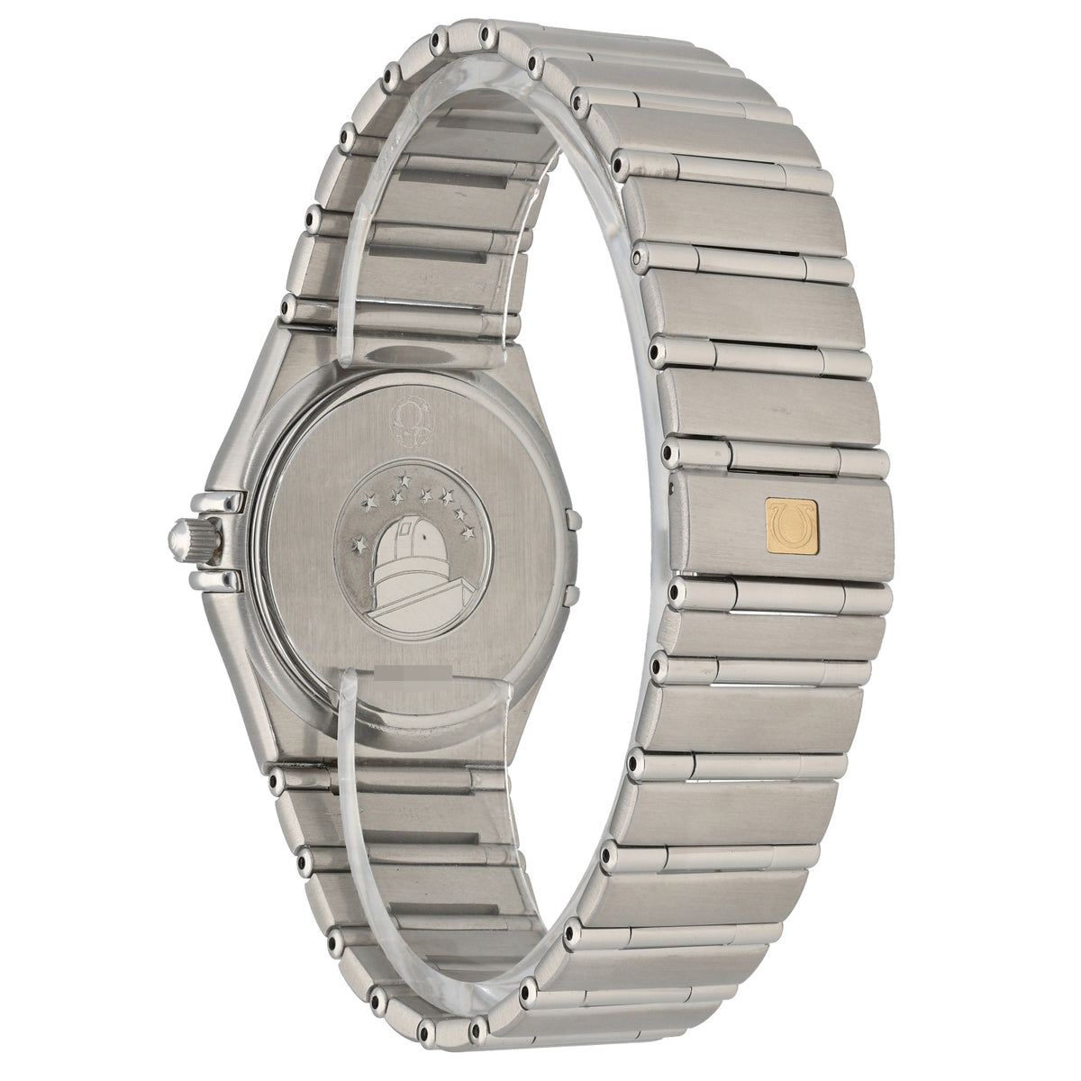 Omega Constellation 1512.40.00 Stainless steel watch caseback and linked bracelet, engraved dial side visible