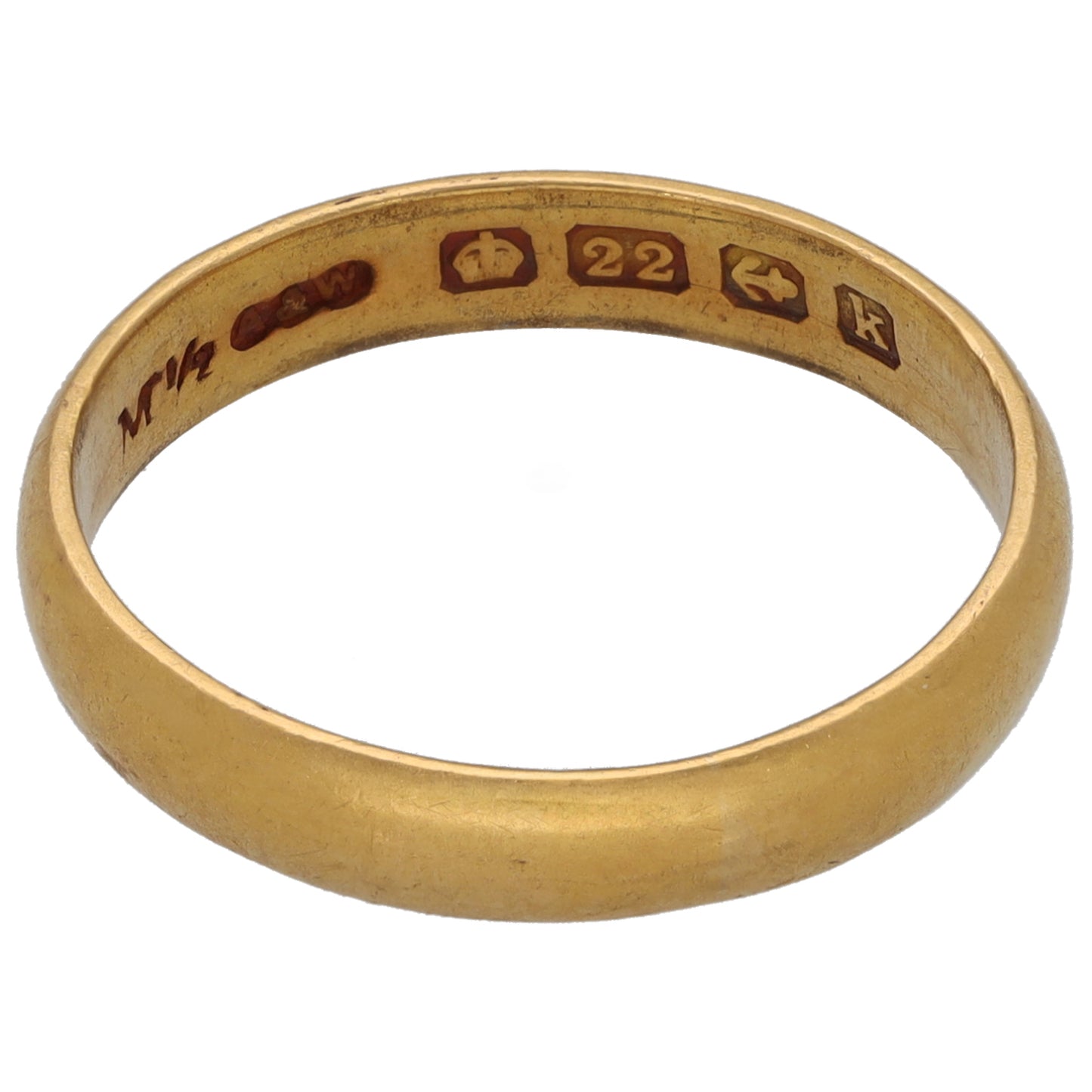 22ct Gold wedding ring with engraved inner band marks and plain outer surface, size N