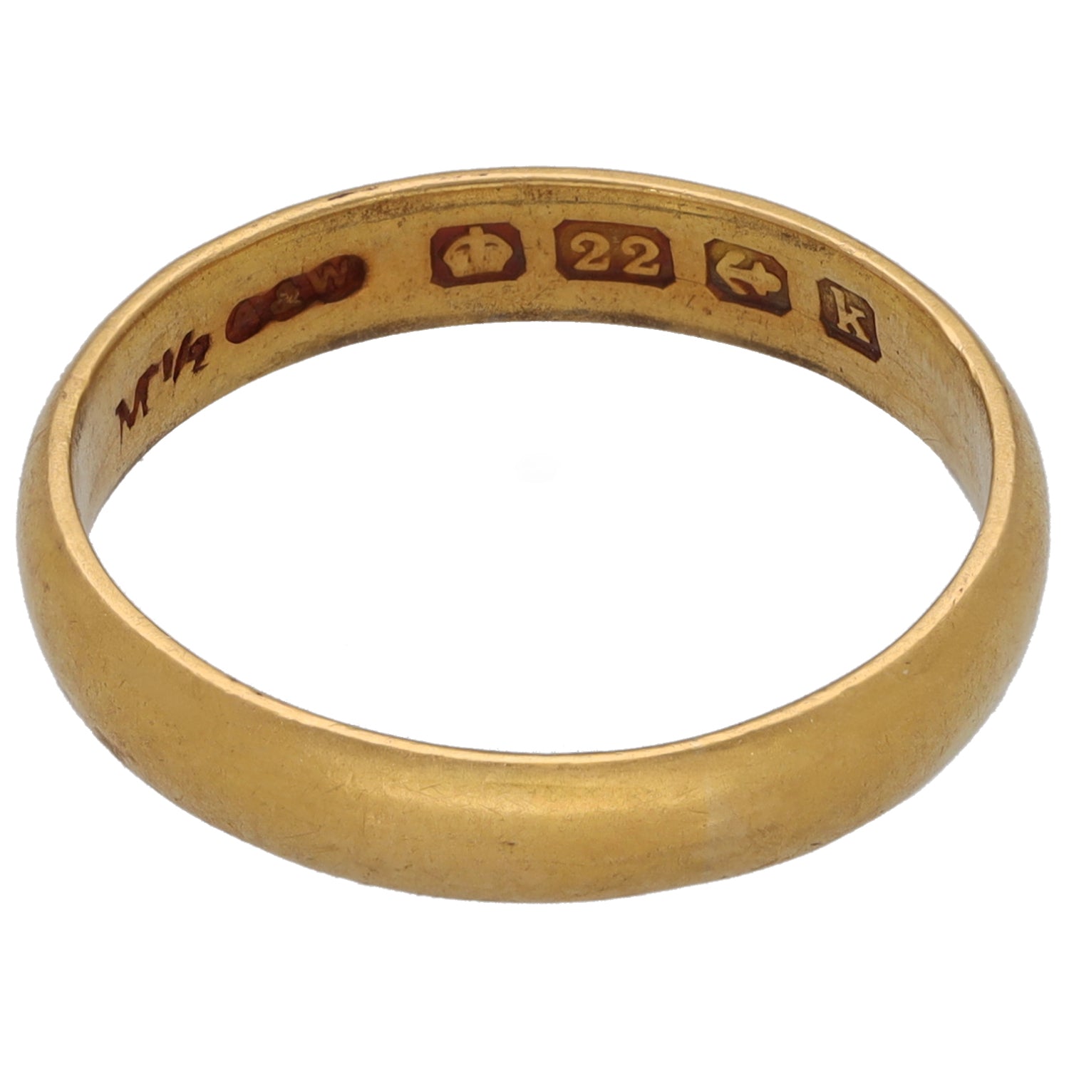 22ct Gold wedding ring with engraved inner band marks and plain outer surface, size N