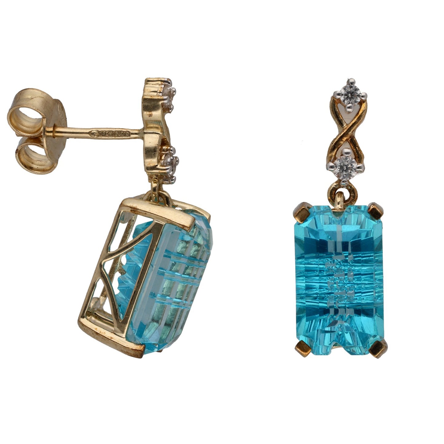 Gold-tone drop earrings with blue faceted square stones and clear accents