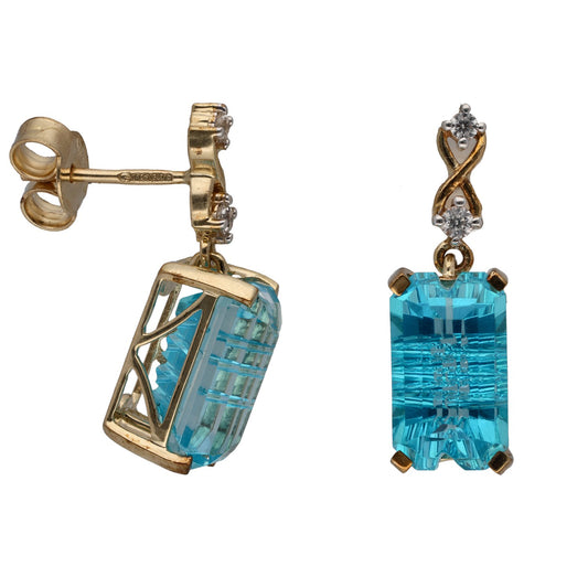 Gold-tone drop earrings with blue faceted square stones and clear accents