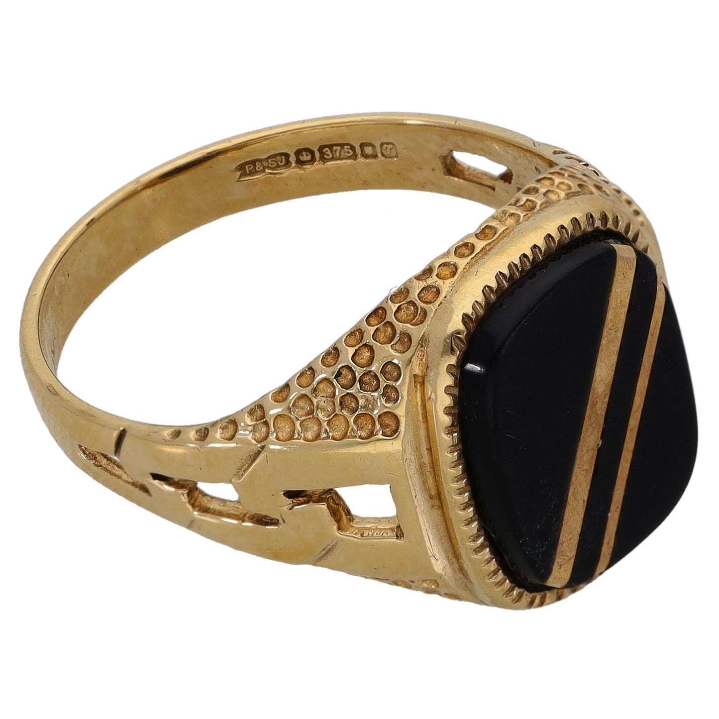9ct Gold Onyx Patterned Signet Ring Size Q