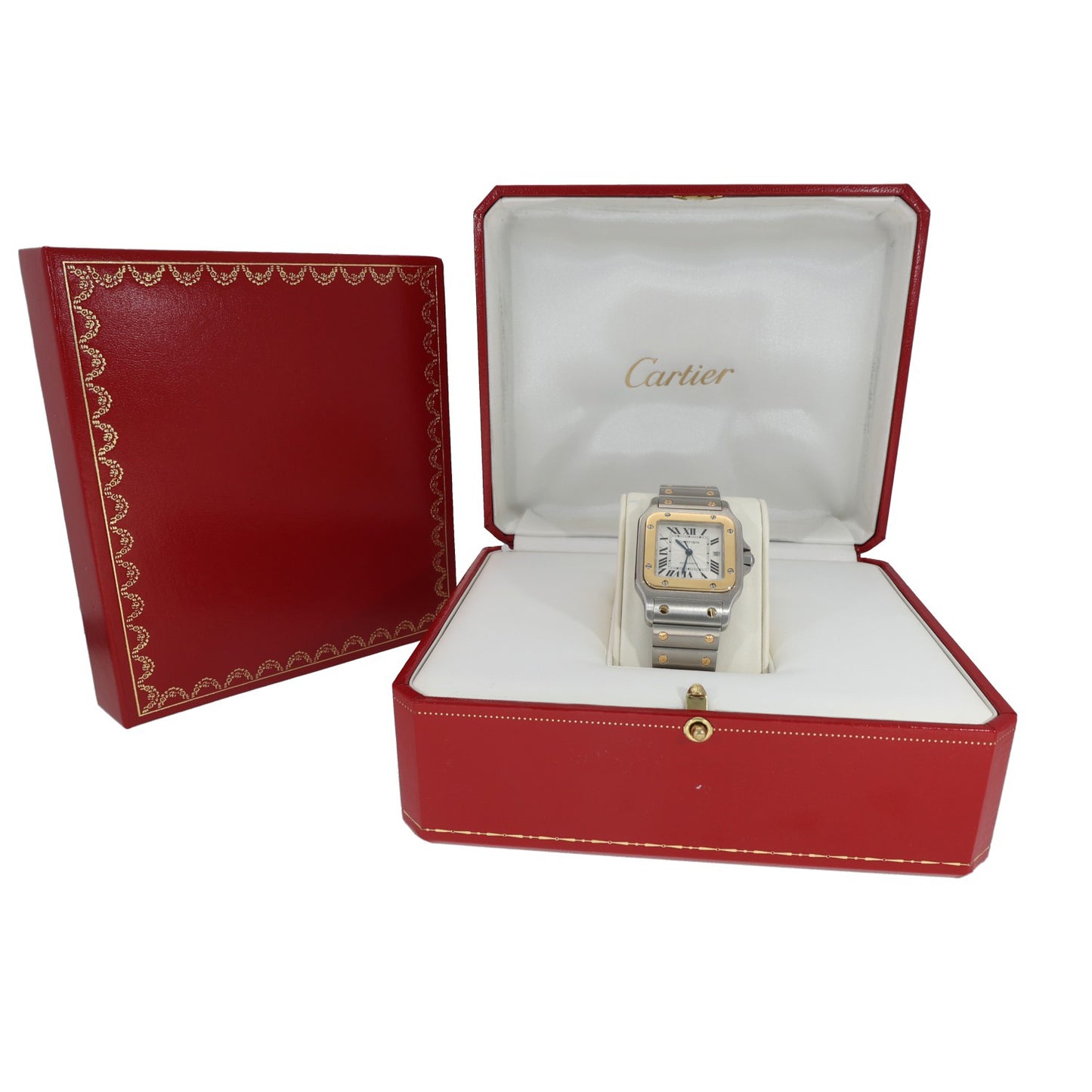Cartier Santos Galbee W20058C4 with a white dial in  a stainless steel and gold casem with a bracelet featuring screws in the Cartier box
