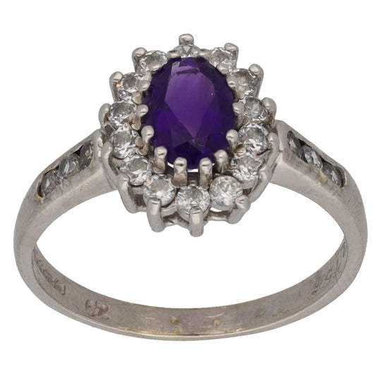 9ct White Gold Amethyst & Cubic Zirconia Cluster Ring Size O