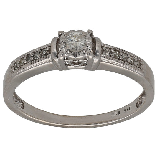 9ct White Gold 0.12ct Diamond Solitaire Ring With Accents Size N