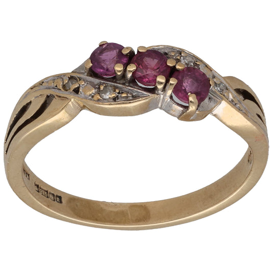 9ct Gold Ruby & 0.02ct Diamond Dress/Cocktail Ring Size M