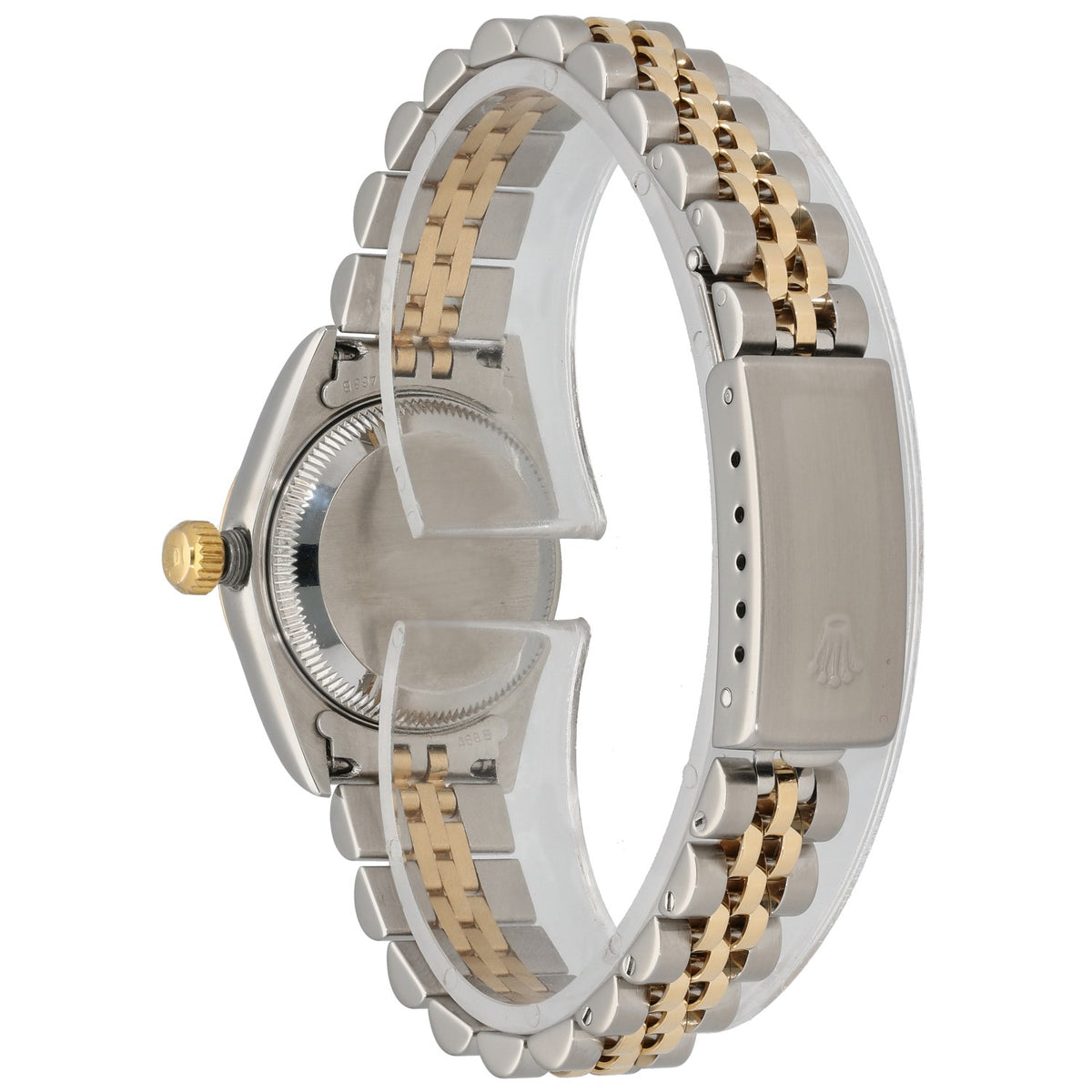 Rolex Datejust 79173 two-tone steel watch with visible caseback and link bracelet.