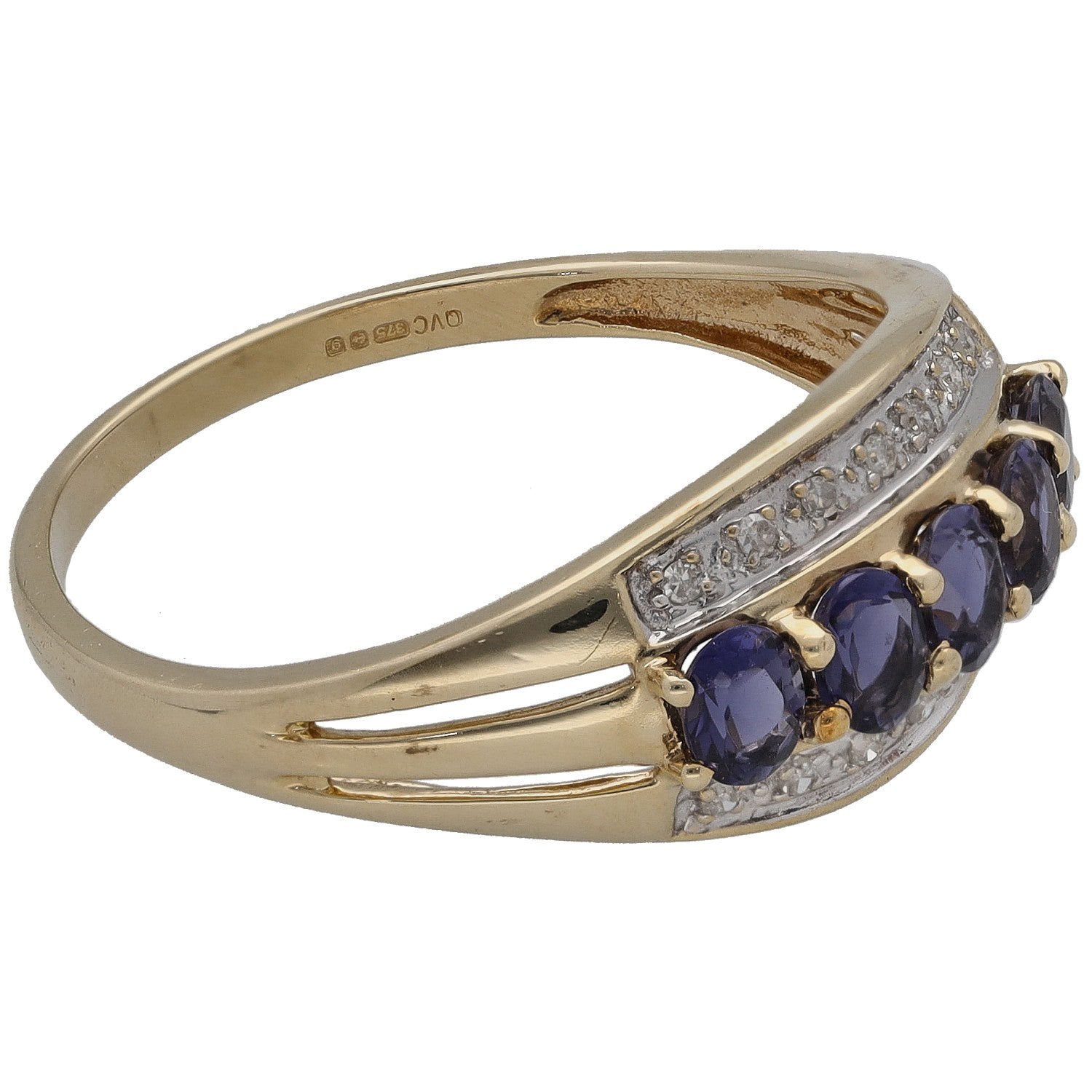 9ct gold ring with oval iolite stones and small round diamonds