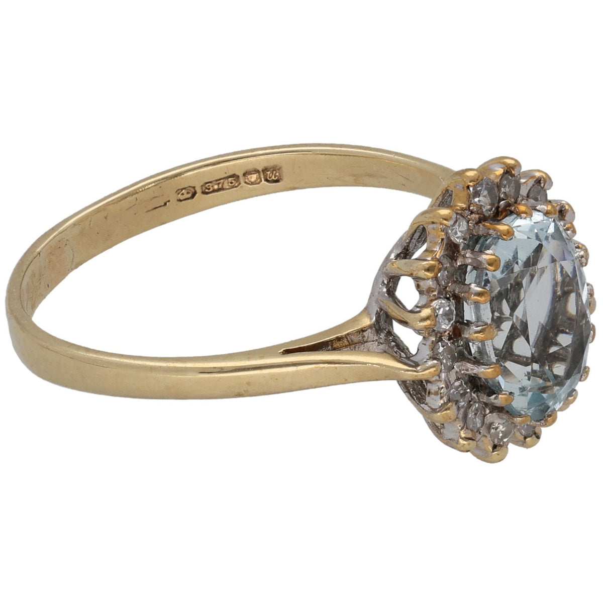 9ct gold ring with aquamarine center stone and diamond halo, prong-set