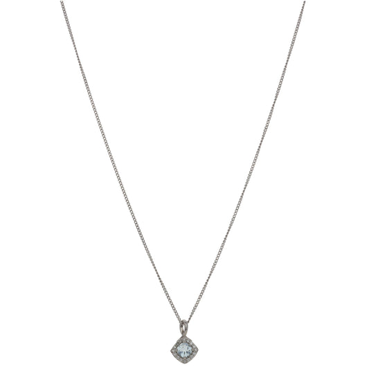 9ct White Gold Aquamarine & 0.16ct Diamond Cluster Pendant With Chain