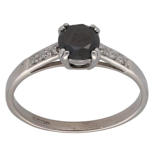 9ct White Gold 0.83ct Diamond Solitaire Ring With Accent Stones Size N