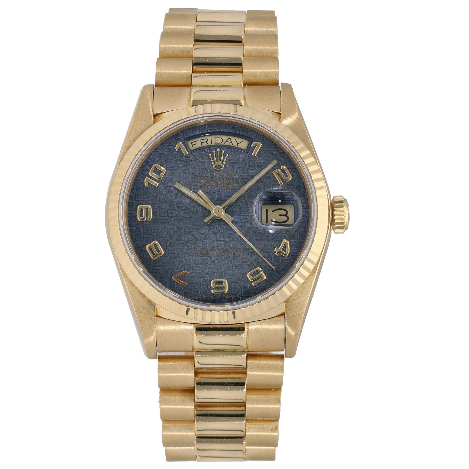 Rolex Day-Date 18038 gold wristwatch with blue dial and day-date window at 3