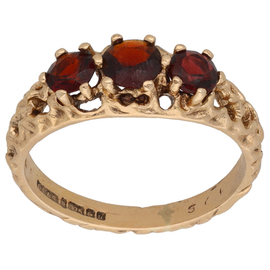 9ct Gold Garnet Three Stone Ring Size L