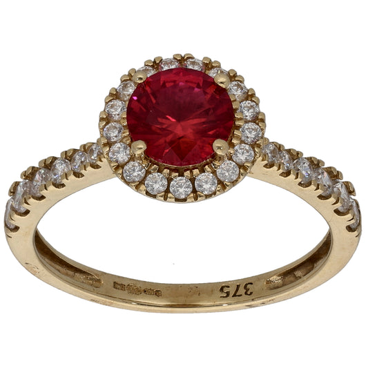 9ct Gold Man Made Ruby & Cubic Zirconia Halo Ring Size N