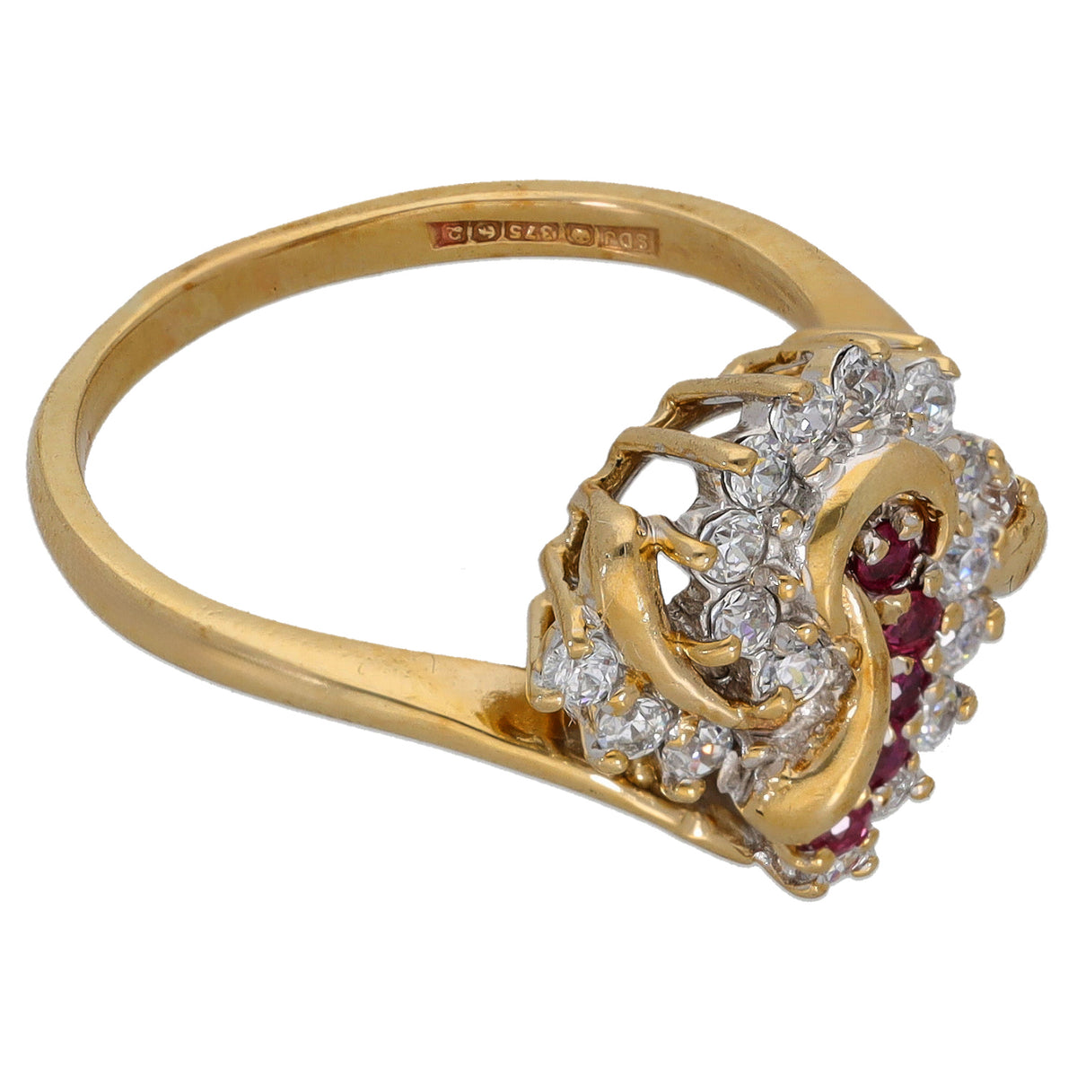 9ct gold cocktail ring with ruby red stones and clear CZ cluster, side profile