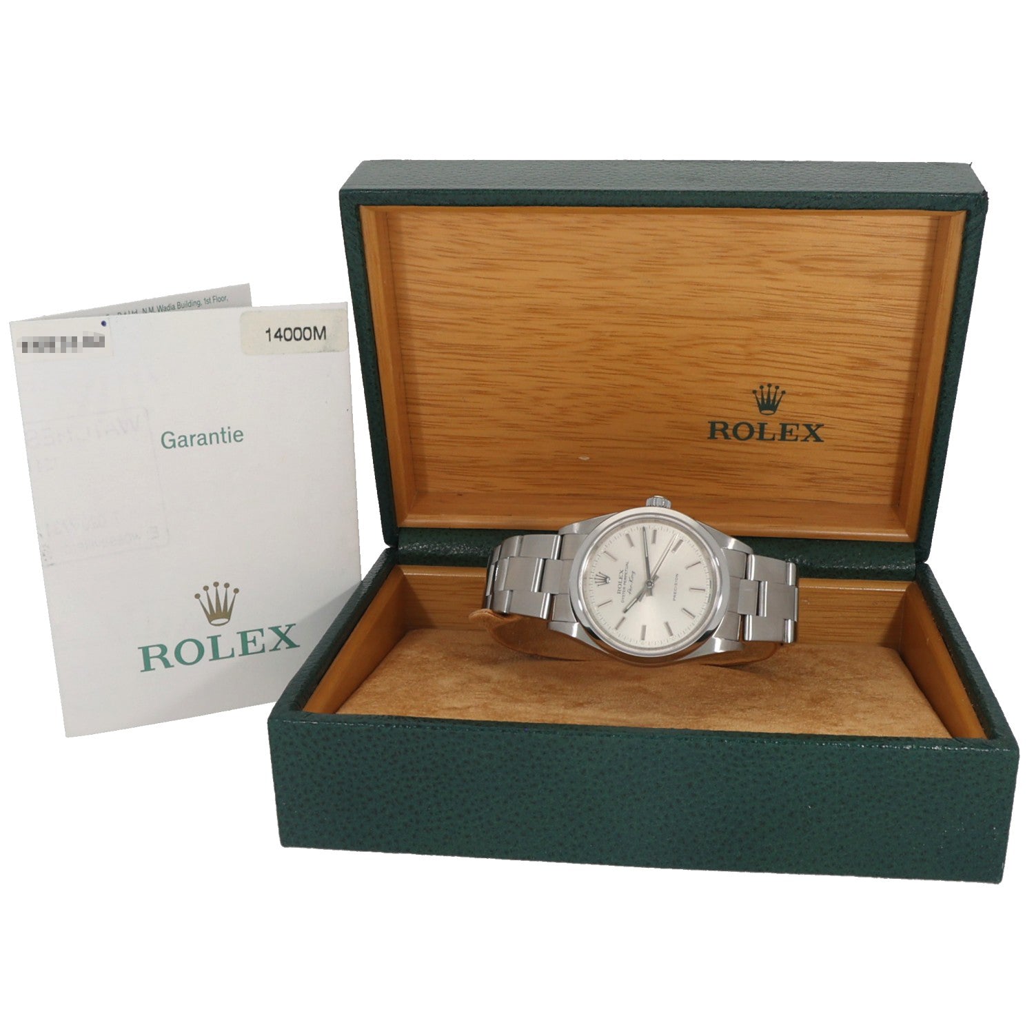 Rolex Air King 14000 stainless steel watch in wooden display box with warranty card