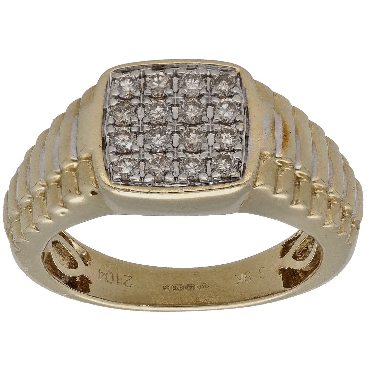 Gold signet ring with square diamond-patterned face and textured band, size U
