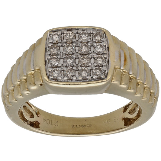 Gold signet ring with square diamond-patterned face and textured band, size U