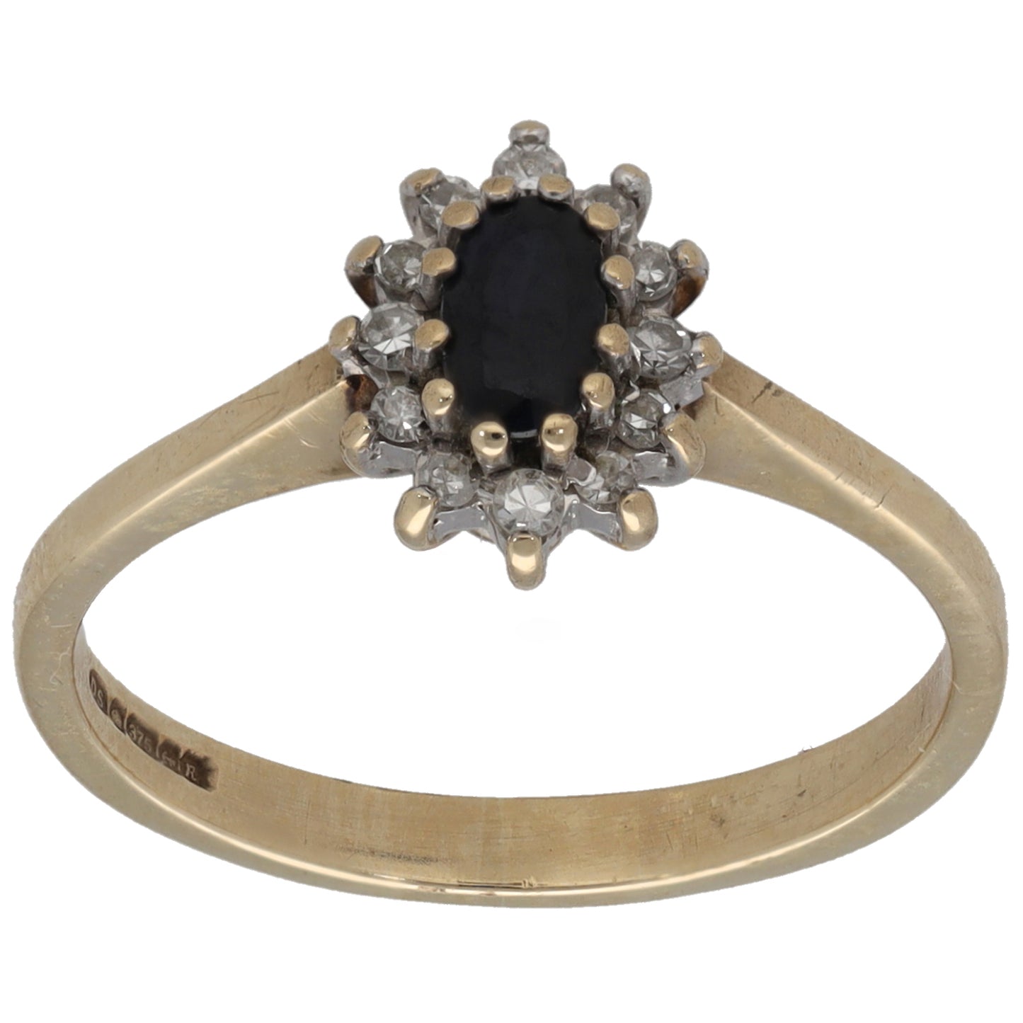 9ct Gold Sapphire & 0.12ct Diamond Cluster Ring Size M