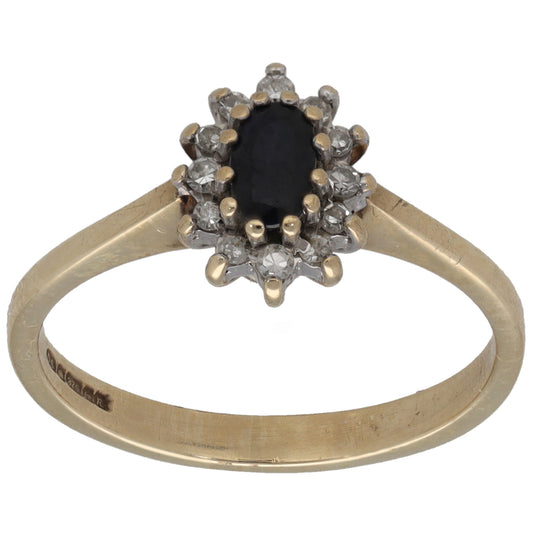 9ct Gold Sapphire & 0.12ct Diamond Cluster Ring Size M
