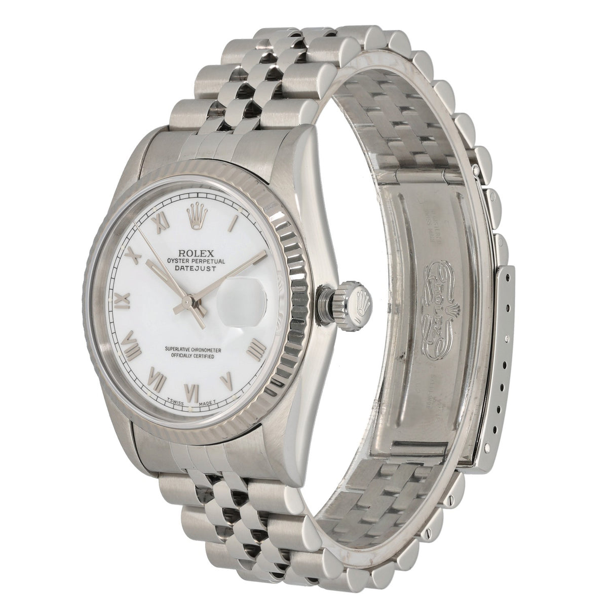 Rolex Datejust 16234, white dial inside 36mm stainless steel case and Jubilee bracelet, frong angle