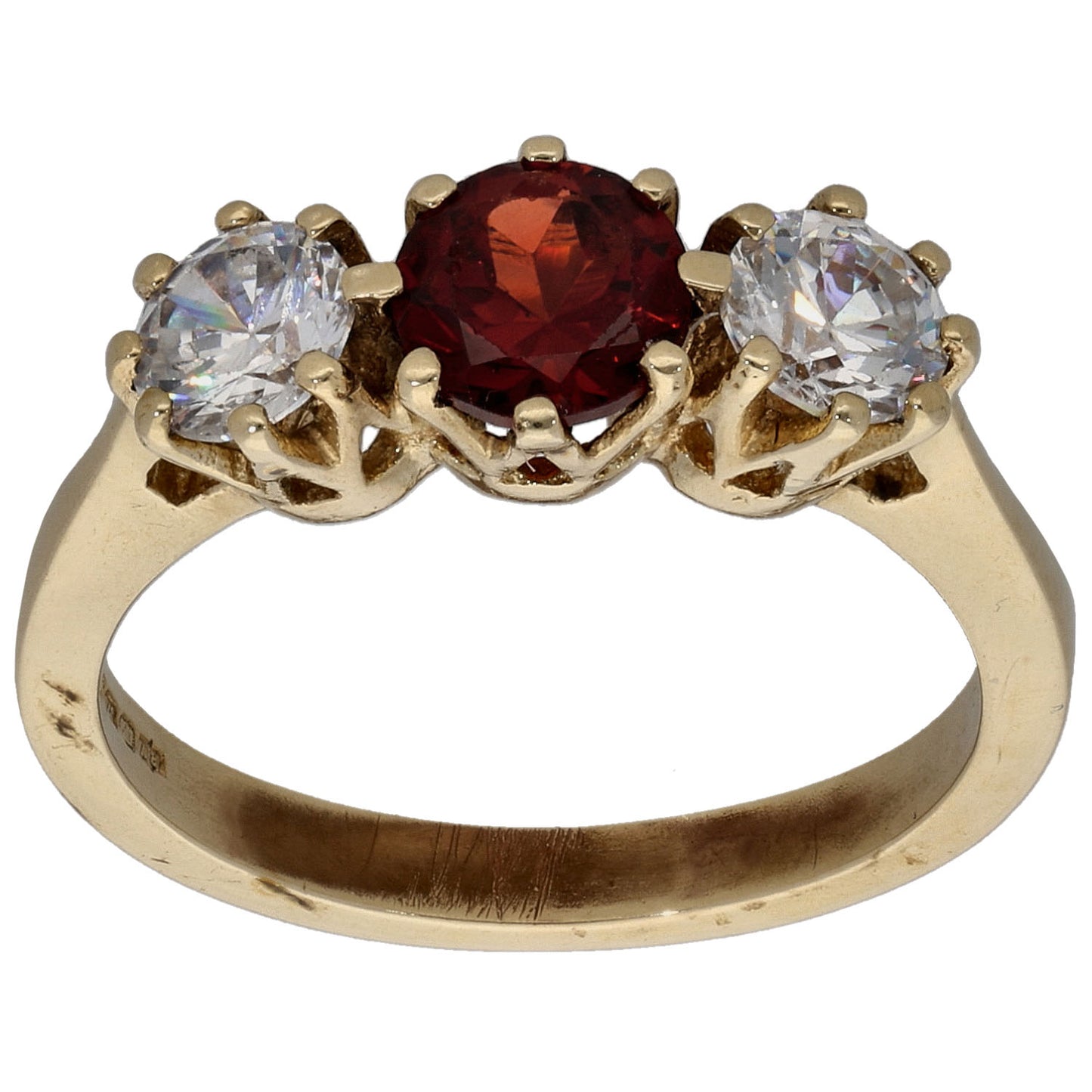 9ct Gold Garnet & Cubic Zirconia Three Stone Ring Size N