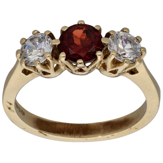 9ct Gold Garnet & Cubic Zirconia Three Stone Ring Size N