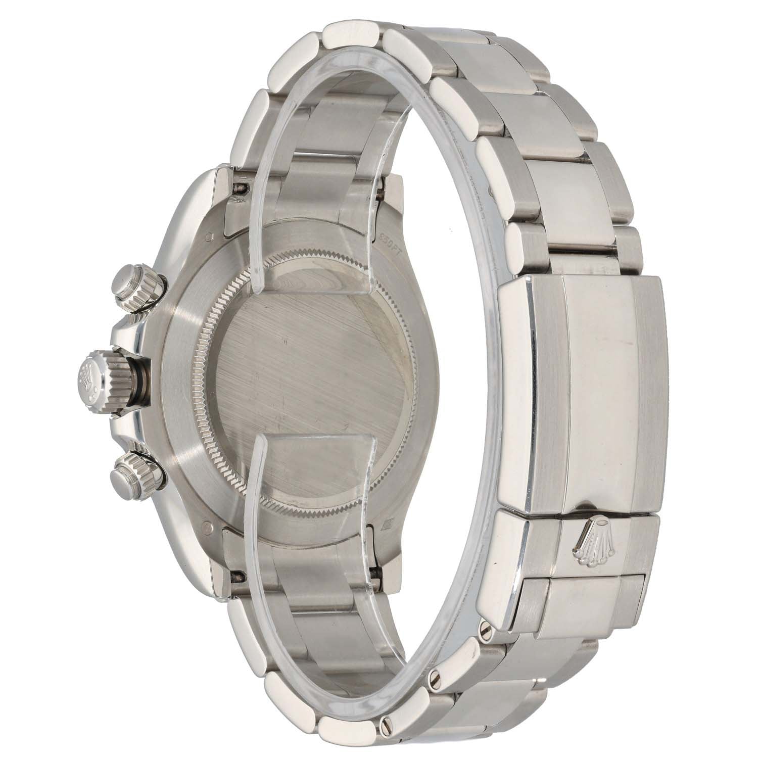Platinum Rolex Daytona 116576TBR chronograph watch side view with linked steel bracelet and crown