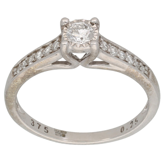 9ct White Gold 0.25ct Diamond Solitaire Ring With Accent Stones Size L