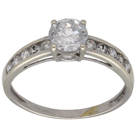 White gold CZ single-stone ring with round center crystal and side accent stones