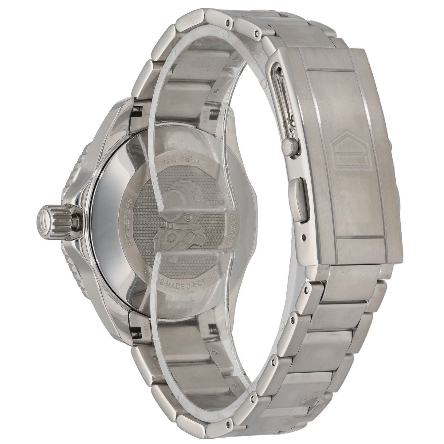 Tag Heuer Aquaracer WBP231D Stainless steel watch case and bracelet from side view, showing crown and caseback
