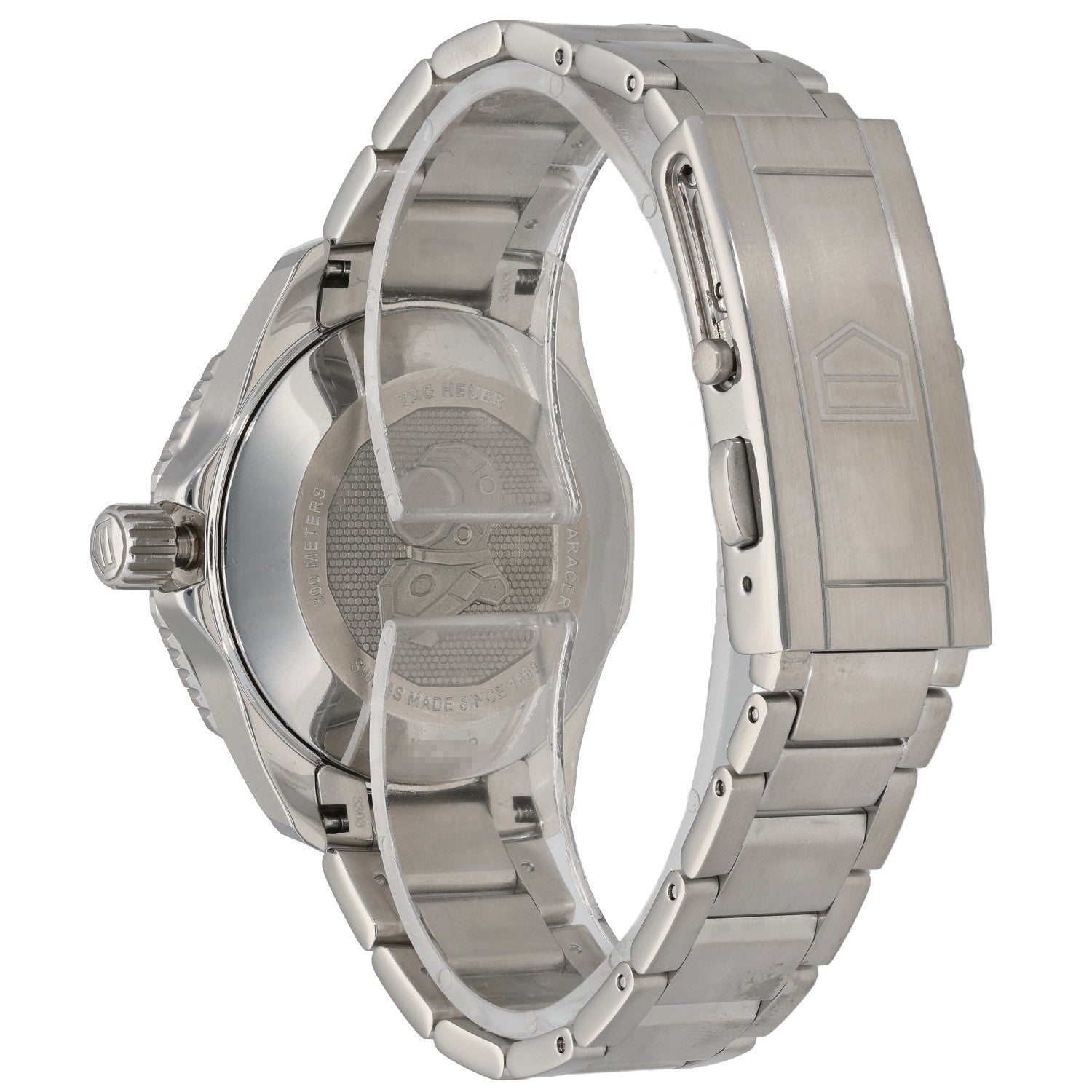 Tag Heuer Aquaracer WBP231D Stainless steel watch case and bracelet from side view, showing crown and caseback