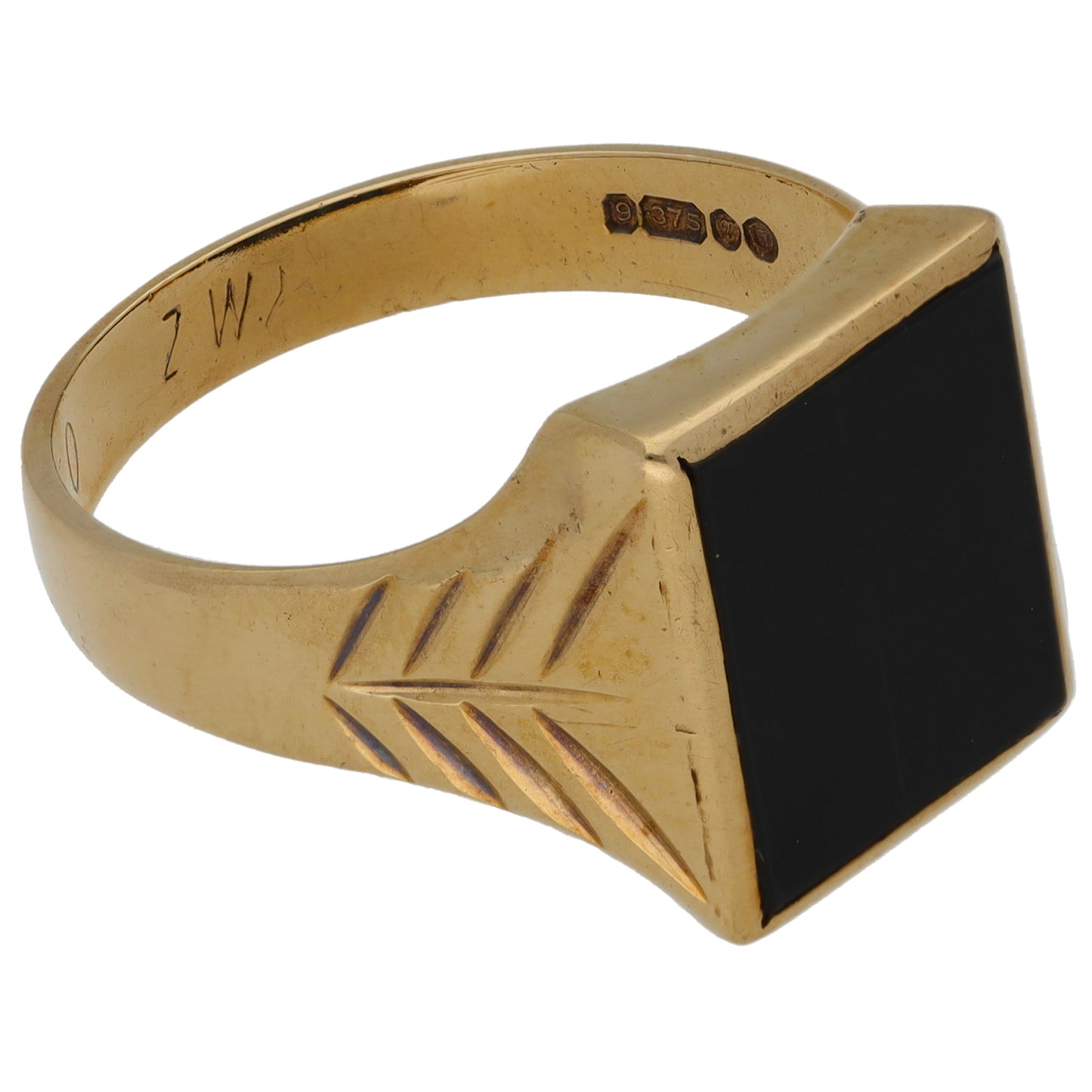 9ct Gold Onyx Single Stone Patterned Signet Ring Size V