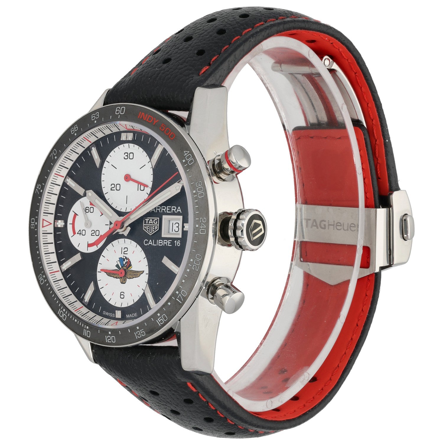 Tag Heuer Carrera CV201AS Stainless steel chronograph watch with black perforated leather strap and red inner ring