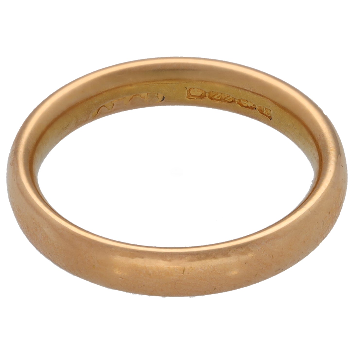 Plain 22ct gold wedding ring band with inner engraving, smooth outer surface