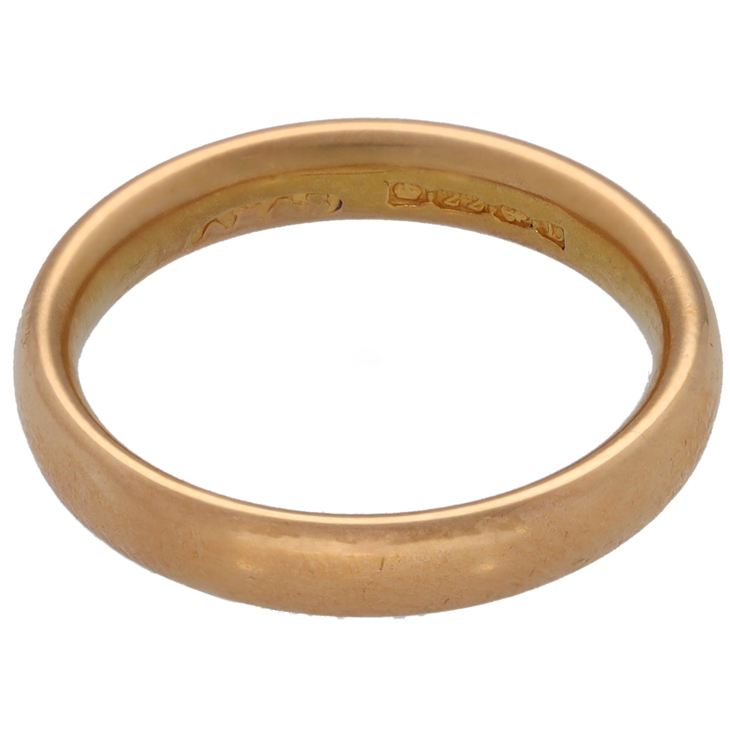 Plain 22ct gold wedding ring band with inner engraving, smooth outer surface