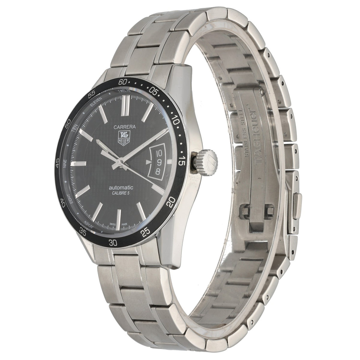 Tag Heuer Carrera WV211M, stainless steel bracelet and case housing a black dial with baton hour markers, front angle image