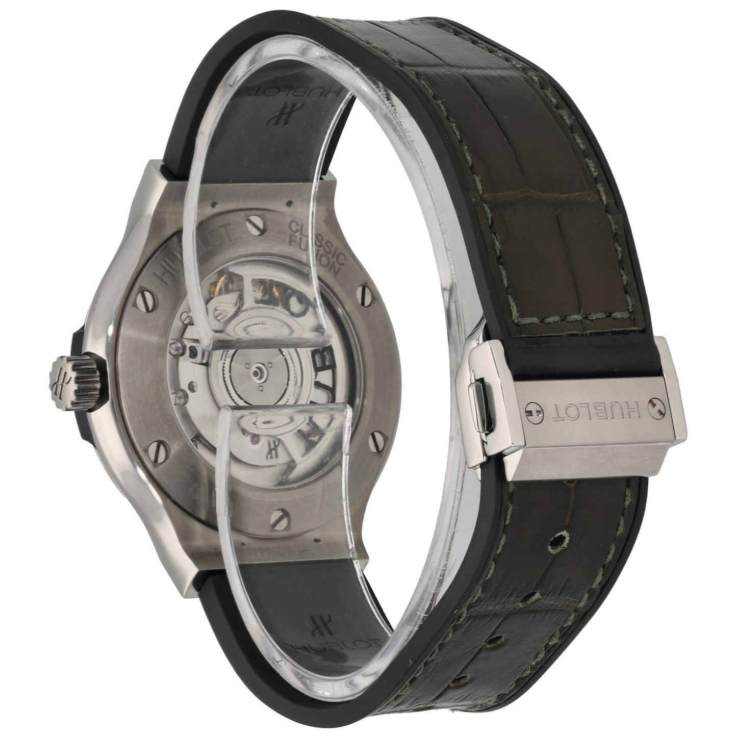 Hublot Classic Fusion 565.NX.8970.RX, green leather bracelet, with open titanium caseback rear image