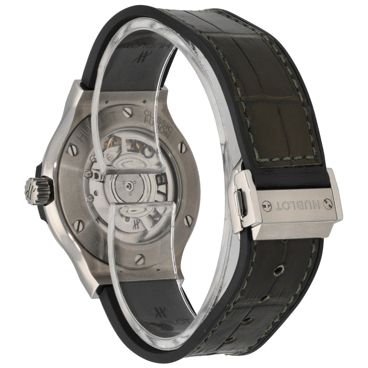 Hublot Classic Fusion 565.NX.8970.RX, green leather bracelet, with open titanium caseback rear image