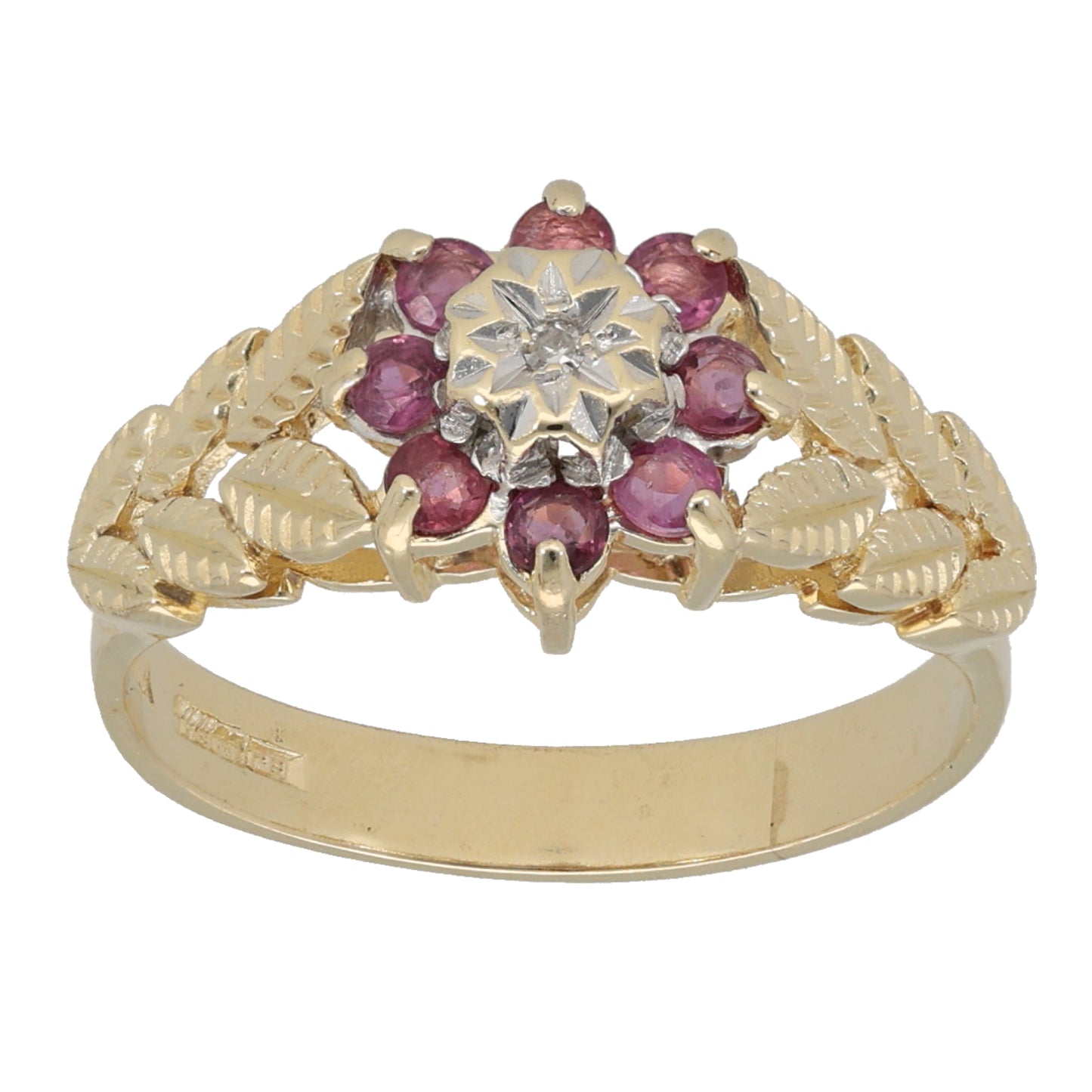 9ct Gold Ruby & 0.005ct Diamond Cluster Ring Size M