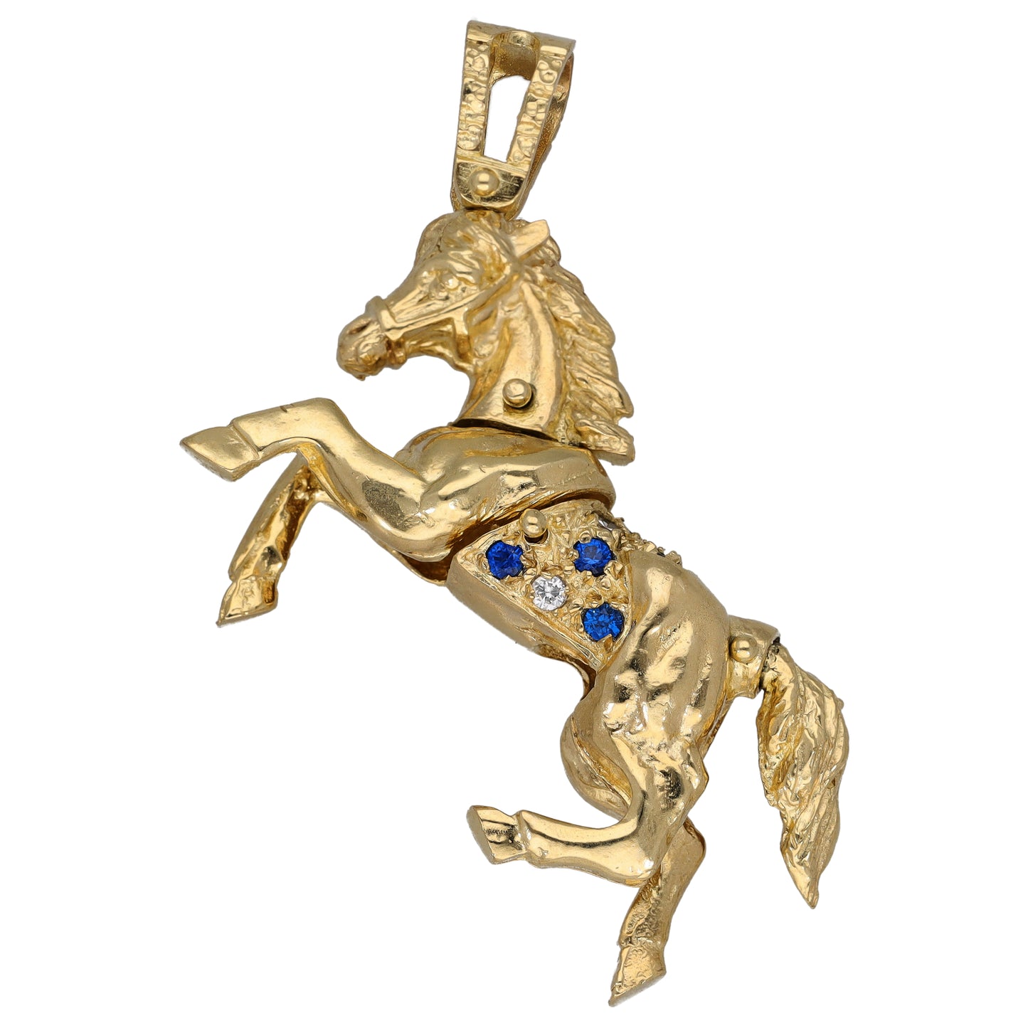 Gold-tone horse-shaped animal pendant with blue and clear stones, top loop bail.